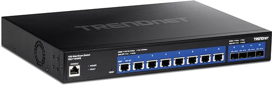 TRENDnet 12-Port 10G Web Smart Switch, TEG-7124WS, 8 x 10G RJ-45 Ports, 4 x SFP+ Slots, Ethernet Splitter, NDAA & TAA Compliant, Rack Mountable Housing, Lifetime Protection, Black