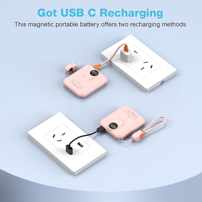 Small Magnetic Power Bank,5000mAh Mag-Safe Battery Pack with 20W Fast Charging Detachable USB C&iOS Cable,with LED Display,Slim Wireless Portable Charger for iPhone16/15/14/13/12 Series (Pink)