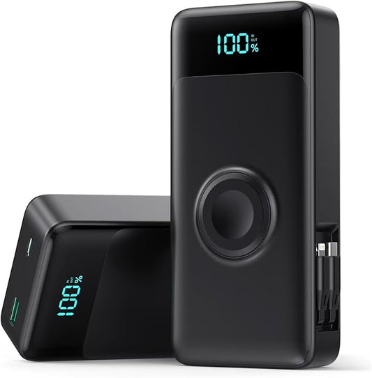 Portable Charger 40800mAh Power Bank with 2 Built-in Retractable Cables,25W PD Fast Charging Phone Charger with iWatch Charger,5 Output 2 Input LCD Display Battery Pack for iPhone 16/15,Android(Black)