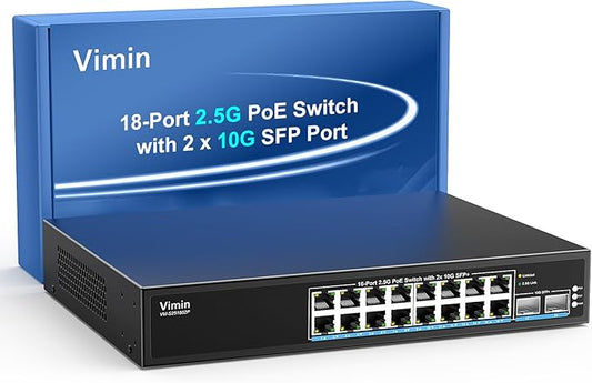 16 Port 2.5G PoE Switch Unmanaged with 2X 10Gbps SFP, VIMIN 16x 2.5G Base-T PoE Ports, 10G SFP PoE Switch w/ 120Gbps Ethernet Switching Capacity, IEEE802.3af/at, 250W, VLAN, Metal Housing, Fanless
