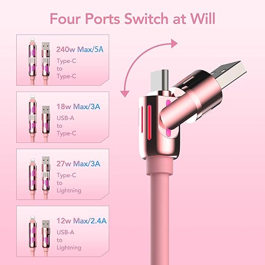 MFish 240W 4-in-1 Universal USB Charging Cable [2 Pack, 6.6ft] – Fast Charger Cord with USB-A, Dual USB-C & Lighting, for iPhone 14/15/16 Series, iPad & MacBook & More (2PACK, Pink+Green, 6.6Ft)