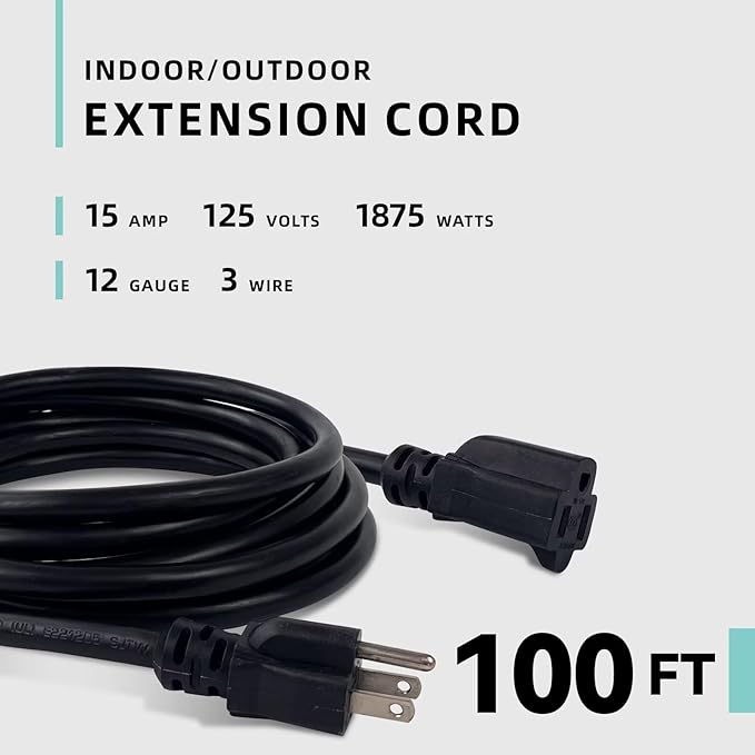 100ft Indoor Outdoor Extension Cord - 12/3 SJTW Heavy Duty Extension Cable with 3 Prong Grounded Plug for Safety -15Amp 1875W Black Electric Cord Great for Garden, Appliances