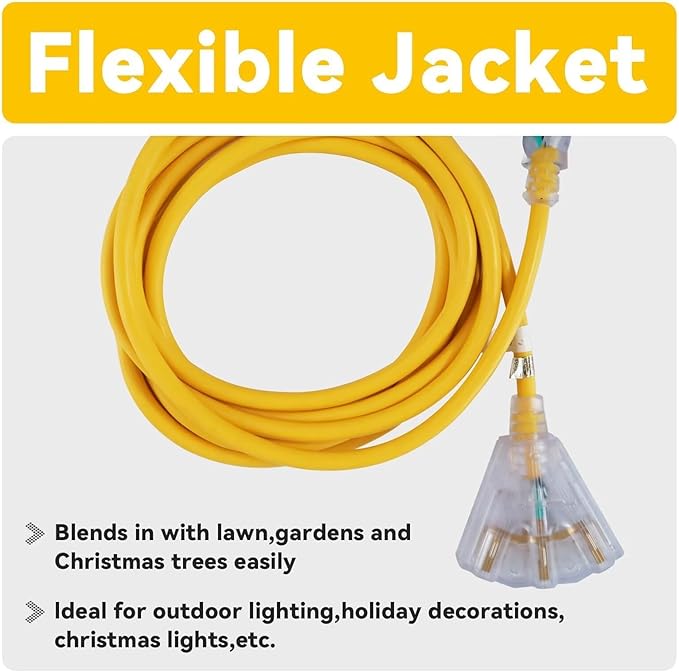 EP 25 Ft 12 Gauge Heavy Duty Extension Cord, 15A 125V 1875W, 3 Outlet Indoor/Outdoor Power Cord with Lighted End, 12/3 SJTW Weatherproof Yellow, UL Listed
