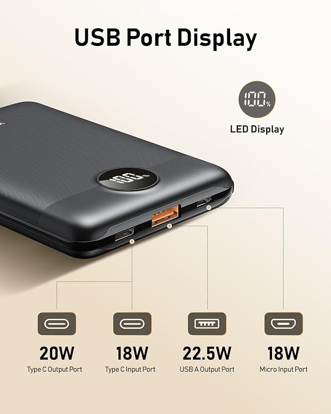 VEEKTOMX Small Portable Charger, Mini Power Bank 10000mAh, PD 22.5W Fast Charging USB-C Battery Bank, Travel Essentials Dual Voltage External Portable Powerbank for iPhone/Samsung/Google Pixel, Black