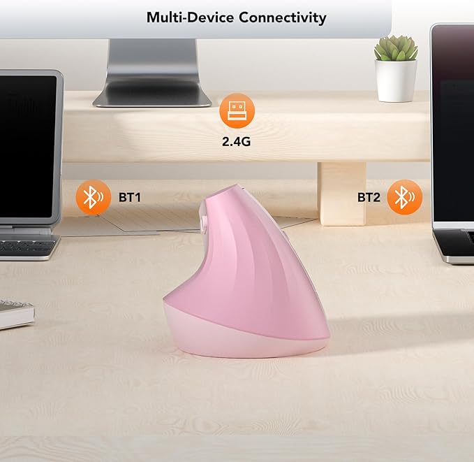 KYSONA EM18 Wireless Ergonomic Vertical Mouse, Ergo Design, Bluetooth Cordless Mouse, Silent Click, 5-Level Adjustable DPI, Carpal Tunnel Mice for Computer, PC, Mac, Laptop, Pink