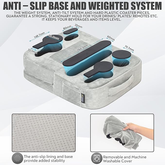 Couch Cup Holder Tray Pillow - Bed, Couch Caddy, Sofa, RV & Car - Holds Drinks, Snacks, Remotes, Phones, Kindle, Tablet | Bed Cup Holder (Grey)