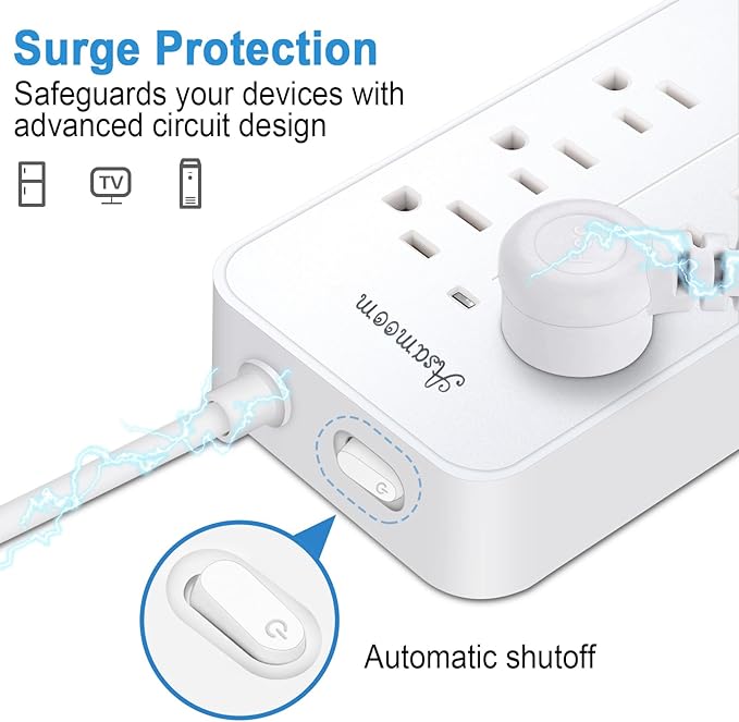 15FT Surge Protector Power Strip Extension Cord with USB C, Flat Plug Power Strip with Long Cord,8 Outlets and 4 USB Port,1700J Wall Mount Desk Multiple Outlets for Home Office White ETL Listed ﻿