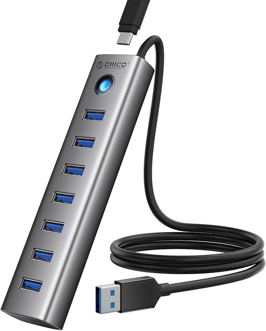 ORICO Aluminum 7-Port USB Hub with 3.28Ft Cable, Multiple USB 3.0 Hub, 5Gbps Data Transfer, 5V 3A Type-C Port, UBS-A Splitter for PC, Laptop, Desktop