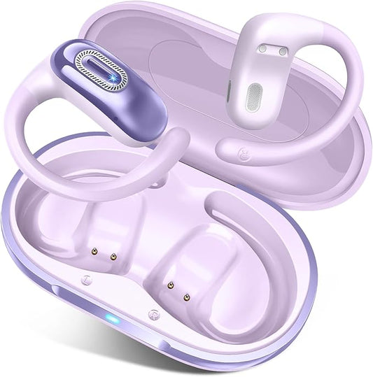 Open Ear Headphones, Bluetooth 5.4 Earbuds, 50H, Air Conduction Ear buds, HD Stereo Bass Over Ear Earphones with Earhooks, Ultra-Comfort Secure, IPX7 Waterproof Headset for Working Sports, Purple