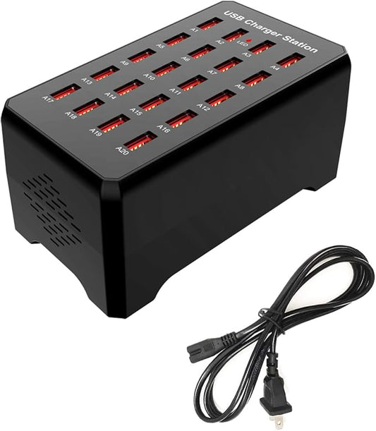 MaxLax 20-Port USB Charger Station, 100W/20A, Compatible with Smartphones, Tablets, and Other USB Devices