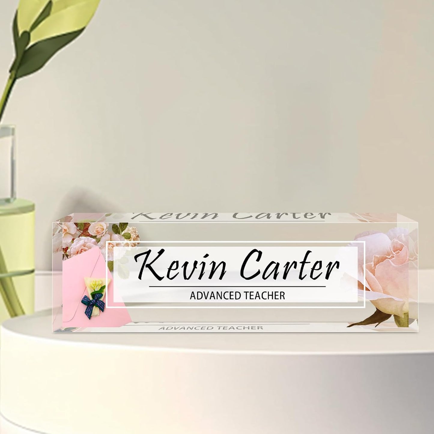 Name Plate for Desk Personalized, Acrylic Desk Decorations, Employee Appreciation Gifts, Custom Office Gifts for Coworkers, Boss, Teacher, Nurse (Pink Rose)
