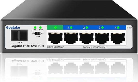 5 Port Gigabit PoE Switch and 1 Gigabit SFP Slot, Unmanaged PoE Switch with 4 Gigabit Port PoE+@52W, Fanless&Metal Design, Plug & Play, VLAN Mode, Overload Protection