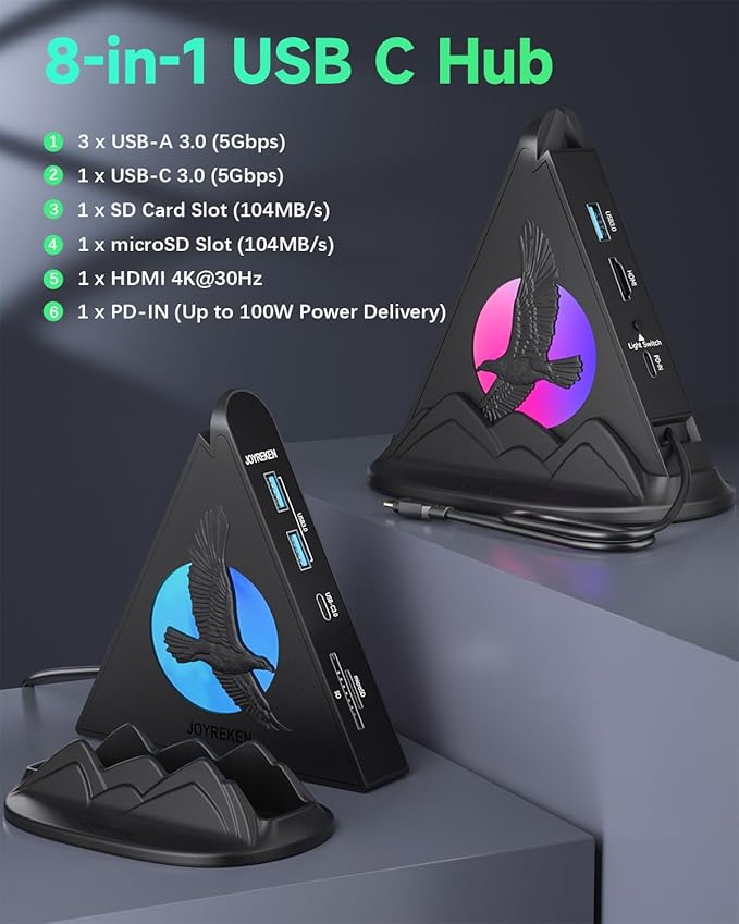 USB C Hub, 8-in-1 USBC Multiport Adapter with HDMI 4K@30Hz, PD 100W, 5Gbps USB-Ax3 & USB-Cx1, SD&TF Card Reader, Eagle RGB Multiport Adapter for MacBook Pro/Air, iPad, iPhone16, XPS, Surface