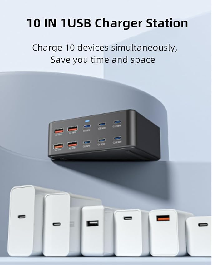 USB C Charging Station 330W, USB C Charger Charging Hub 10 Power Port for Multiple Devices with PD 100W 65W 30W QC3.0 18W Fast Charging Power Stock Station for iPhone 15, iPad Air/Pro, Galaxy