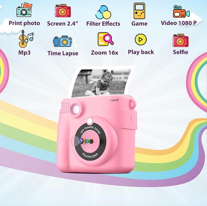 Instant Print Camera for Kids - 2.4" HD 1080P - with 32GB SD Card, 5 Markers, Stickers, 5 Paper Rolls, Lanyard. Camera Boys and Girls from 3 to 14 Years Old. (Pink)