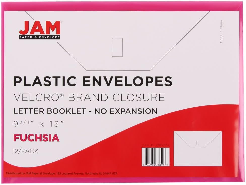 JAM PAPER Plastic Envelopes with Hook & Loop Closure - Letter Booklet - 9 3/4 x 13 - Fuchsia Pink - 12/Pack
