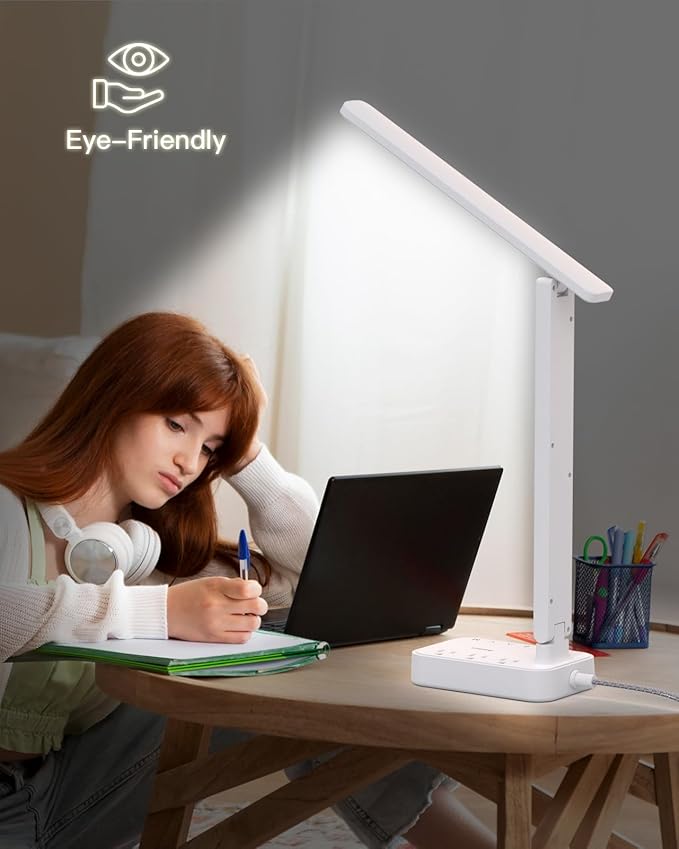 Addtam LED Desk Lamp, Power Strip with 3 Outlets 4 USB Charging Ports(2 USBC), 4 Modes 5 Level Brightness Touch Lamp, Small Desk Lamp for Home Office College Dorm Room Essentials, White