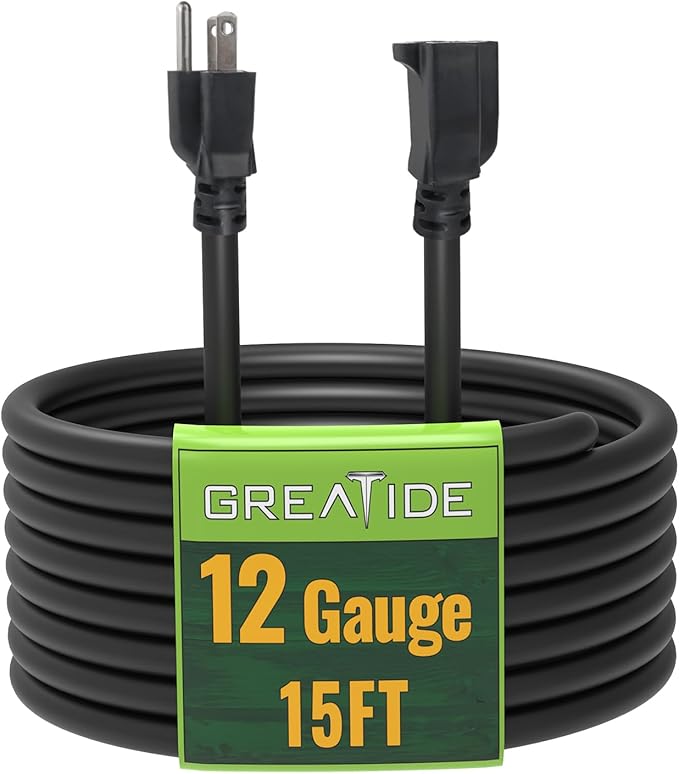15 Ft Outdoor Extension Cord - 12/3 SJTW Heavy Duty Black Extension Cable with 3 Prong Grounded Plug - Power Cord for Lawn, Garden, Appliances