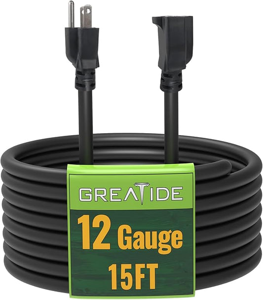 15 Ft Outdoor Extension Cord - 12/3 SJTW Heavy Duty Black Extension Cable with 3 Prong Grounded Plug - Power Cord for Lawn, Garden, Appliances