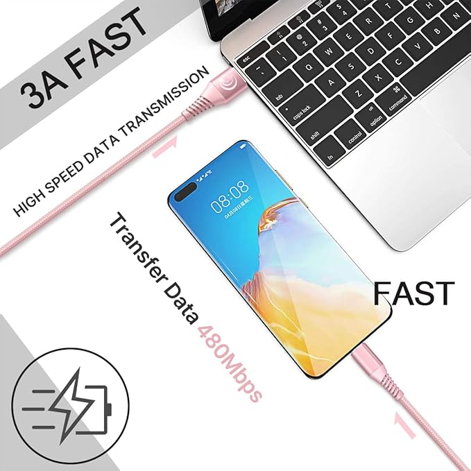 Aioneus USB C Cable, 6FT 2 Pack USBC Cable Fast Charging Cord 3A Type C Cable for Samsung Galaxy S24 S23 S22 S21 S20 A14 A15 A20 A32 A42 A53 A54, iPhone 16 15 Series, Tablet, Pixel, LG, PS5(Pink)