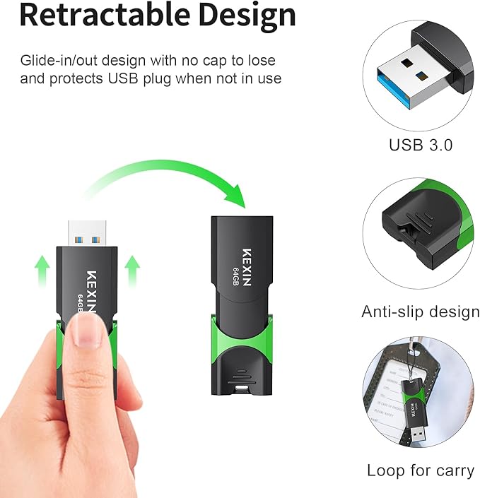 KEXIN 64 GB Flash Drive 10 Pack USB 3.0 Flash Drive 64G Thumb Drive 3.0 Memory Stick Data Storage USB Stick with LED Indicator,64G 10Pack Black+ Green