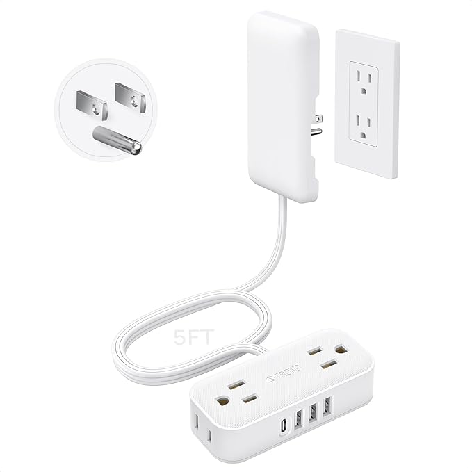 TROND Flat Plug Power Strip with Outlet Cover - 5ft Flat Extension Cord Outlet Extender Concealer with 4 AC 4 USB Ports, Fit Standard Size Wall Plate for Kitchen Home Office to Hide Messy, White