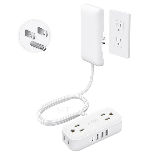 TROND Flat Plug Power Strip with Outlet Cover - 5ft Flat Extension Cord Outlet Extender Concealer with 4 AC 4 USB Ports, Fit Standard Size Wall Plate for Kitchen Home Office to Hide Messy, White