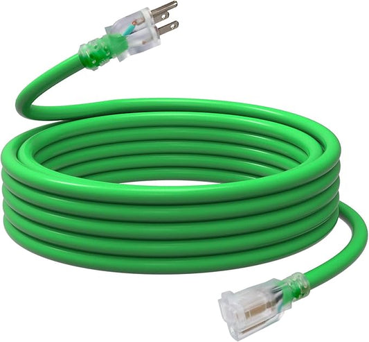 EP 25 Ft Outdoor Extension Cord, 12/3 SJTW Heavy Duty Waterproof Power Cable, 3 Prong Grounded Plug, Lighted End, for Lawn, Garden, Appliances, Green