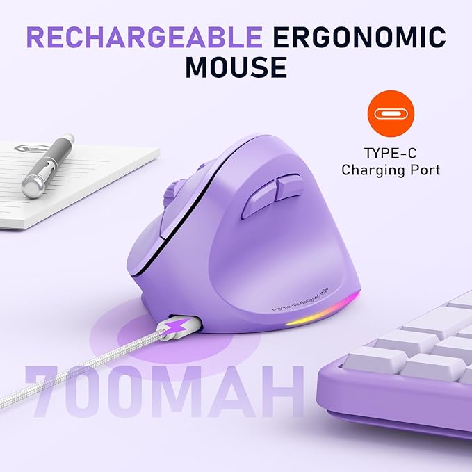 MEETION Ergonomic Mouse, Wireless Vertical Mouse RGB Backlit Rechargeable Mice for Bluetooth(5.2 + 3.0) & USB-A with USB-C Adapter 4 Adjustable DPI Compatible Mac/Windows/Andriod/PC/Tablet/iPad Purple