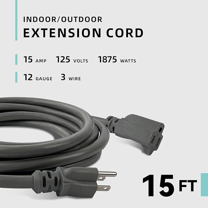 15ft Indoor Outdoor Extension Cord - 12/3 SJTW Heavy Duty Extension Cable with 3 Prong Grounded Plug for Safety -15Amp 1875W Gray Electric Cord Great for Garden, Appliances