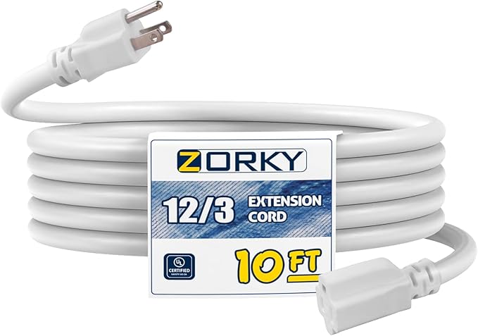 10ft Indoor Outdoor Extension Cord - 12/3 SJTW Heavy Duty Extension Cable with 3 Prong Grounded Plug for Safety -15Amp 1875W White Electric Cord Great for Garden, Appliances