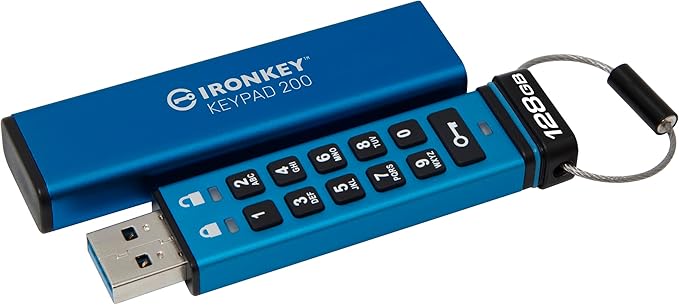 Kingston Ironkey Keypad 200 128GB Encrypted USB | Alphanumeric Keypad | Multi-Pin Access | XTS-AES 256-bit | FIPS 140-3 Level 3 Certified | Brute Force & BadUSB Protection | IKKP200/128GB,Blue