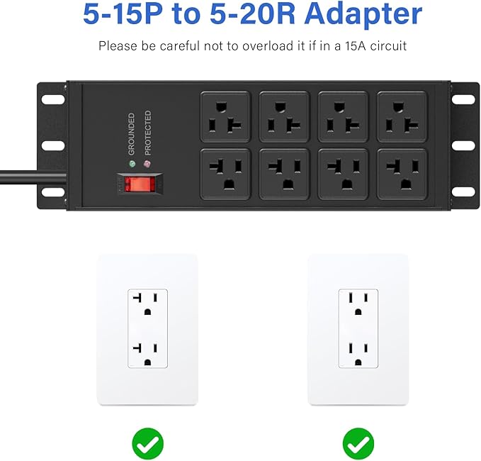 CCCEI Magnetic Heavy Duty Power Strip Surge Protector 20Amp, 12 Gauge High Amp Extension Outlets, Garage Wall Mount 8 Plug Metal Power Strip. 10FT, Black, 5-15P Adapter 6-20R T-Slot 20a for Appliance