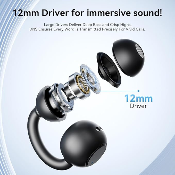 Open Ear Earbuds, Bluetooth 5.4 Clip On Headphones,with Mic, 56H Playtime, IPX5 Waterproof, Clip-On Fit, Clear Audio, for Small Ears, Workout Sports Running(Black)