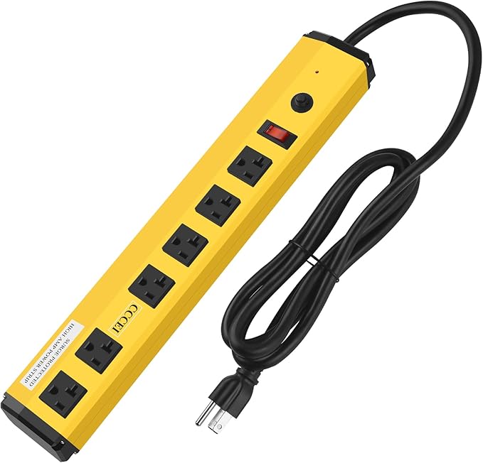 CCCEI Heavy Duty Power Strip Surge Protector 20 Amp, High Amp Industrial Shop Garage Metal Multiple Outlets, 6 FT 12 Gauge 5-15P Extension Cord 6 Outlet 6-20R T-Slot 20a for Appliance, Yellow.