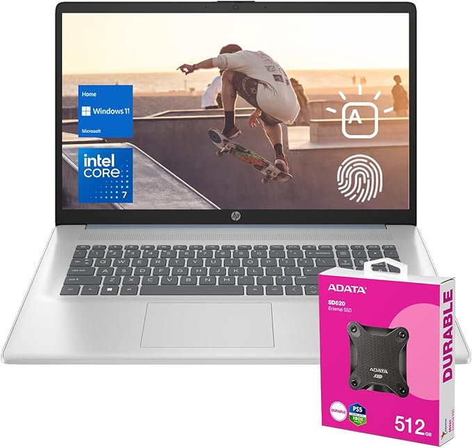 HP 2025 Essential Laptop, 17.3" FHD, Intel Core 7 150U (Beats I7 1335U), 32GB RAM, 2TB SSD, Fingerprint Reader, Backlit Keyboard, Wi-Fi 6, Win 11 Home, Blue, Bundle with ADATA 512 External SSD