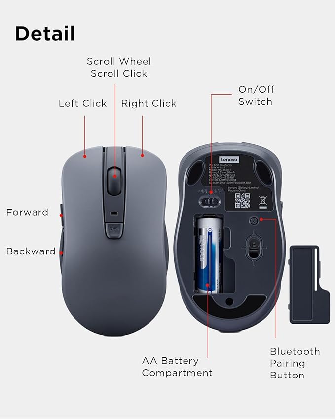 Lenovo Bluetooth Silent Mouse (WL300) - 5 Button Computer Mouse with Silent Left & Right Click – Sculpted Grip, Microsoft Swift Pair, Up to 1600 DPI (Grey)