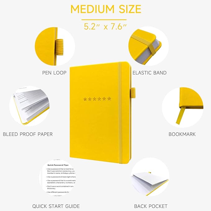 Password Book with Alphabetical Tabs – Hardcover Internet Address & Password Organizer – Password Keeper Notebook for Computer & Website – 5.2 x 7.6" Log-in Password Journal w/Thick Paper (Yellow)