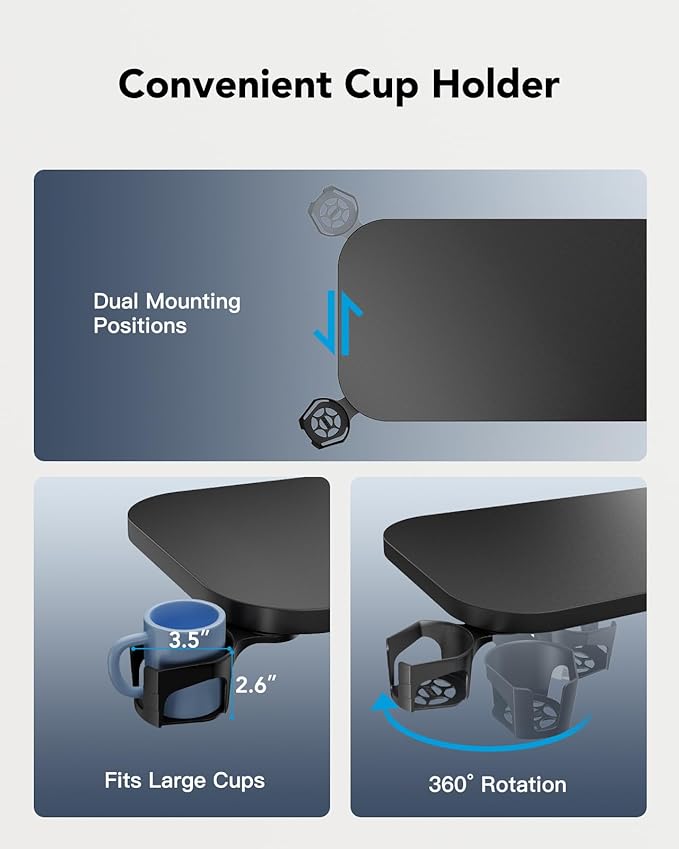 HUANUO Bedside Table with Wheels, Height-Adjustable Rolling Computer Cart, Overbed Table with Cup Holder, Pneumatic Laptop Standing Desk for Home Office, Black (27.6" x 15.7")