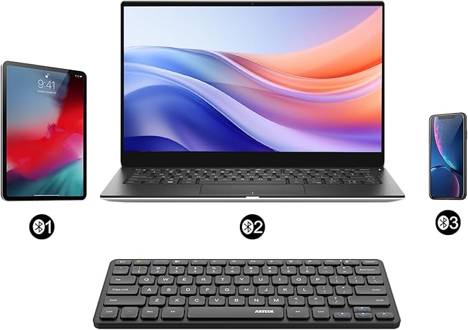 Arteck Universal Multi-Device Bluetooth Keyboard Ultra Slim and Compact Wireless Bluetooth Keyboard with Media Hotkeys for Windows iOS iPad OS Android Computer Desktop Laptop Surface Tablet Smartphone