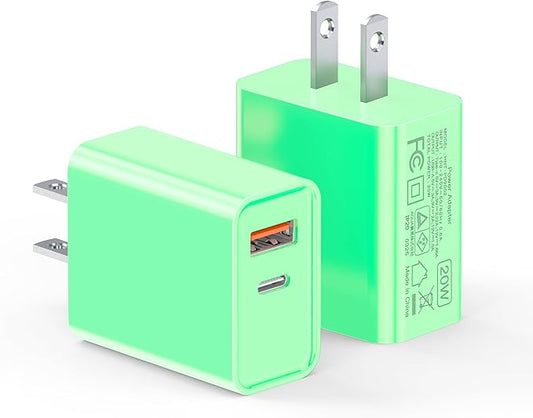 USB C Wall Charger, LCGENS 2-Pack 20W Type C Fast Charger Block Plug Dual Port PD + QC3.0 USBA Charging Brick Cube for iPhone, iPad, Samsung Galaxy, Google Pixel, Motorola, Huawei, Bright Green