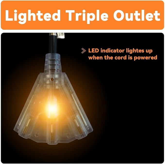 EP 50 Ft Lighted Outdoor Extension Cord with 3 Electrical Power Outlets - 12/3 SJTW Heavy Duty Black Extension Cable with 3 Prong Grounded Plug for Safety, UL Listed