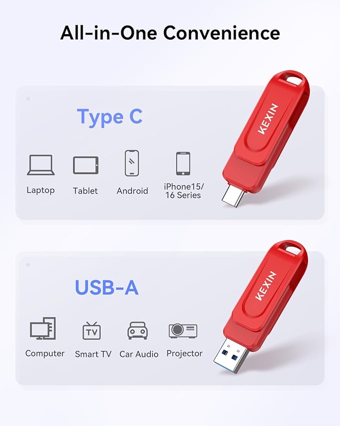 KEXIN 128GB USB C Flash Drive Dual USB Drive 3.0 USB-A & Type-C Thumb Drive Up to 100MB/s Swivel for Smartphone Tablet iPhone 15/16 Car Game Console, 128GB Red