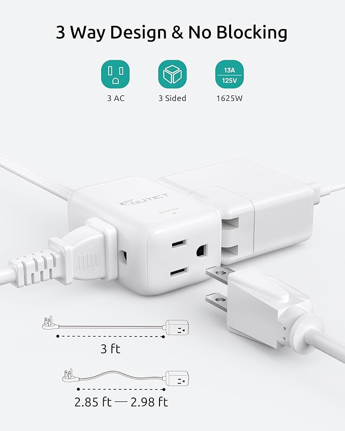 Flat Extension Cord Short 3ft, ETL Listed, NUTICT Indoor 3 Prong Extension Cord with 900J Surge Protector, 13A/16 AWG, Right Angle Flat Wall Plug, Small Outlet Extender for Kitchen Bathroom, White