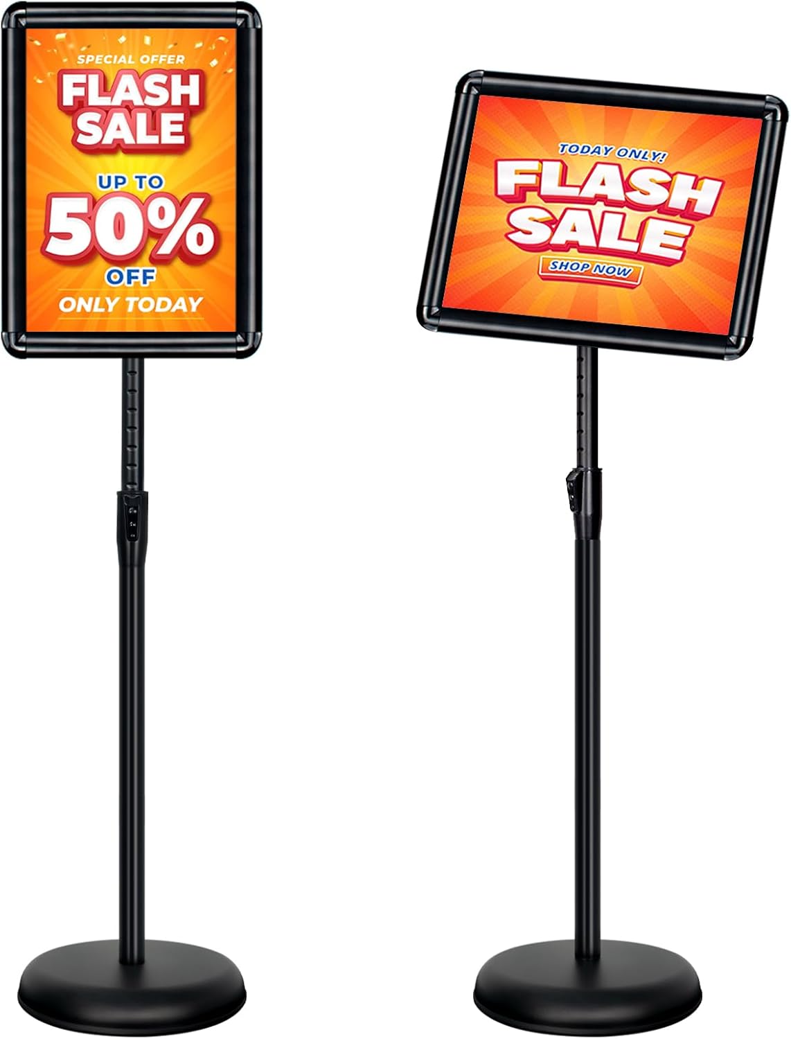 8.5x11 Inch Adjustable Pedestal Poster Sign Stand, Heavy Duty Floor Standing Sign Holder Stand Aluminum Snap Open Frame for Vertical and Horizontal View Sign Displayed (Black, Round)