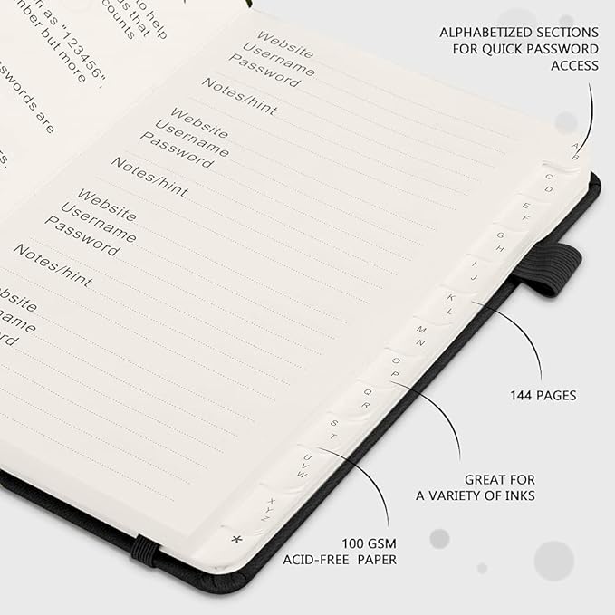 JUBTIC Password Book with Alphabetical Tabs Medium Size Password Keeper Logbook for Internet Log in Website Address Detail. Hardcover Password Notebook Journal & Organizer for Home Office, Black
