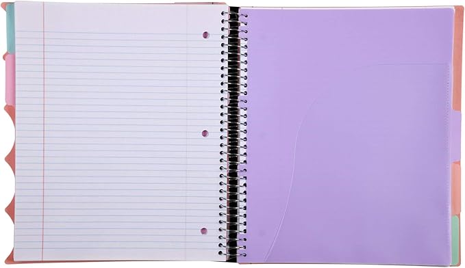 Mintra Office Durable PREMIUM Spiral Notebook, ((Salmon, 5 Subject (8.5in x 11in)), Fabric Covered Coils, No Snags, College Ruled, Adjustable PocketDividers, Ruler, Organization, School
