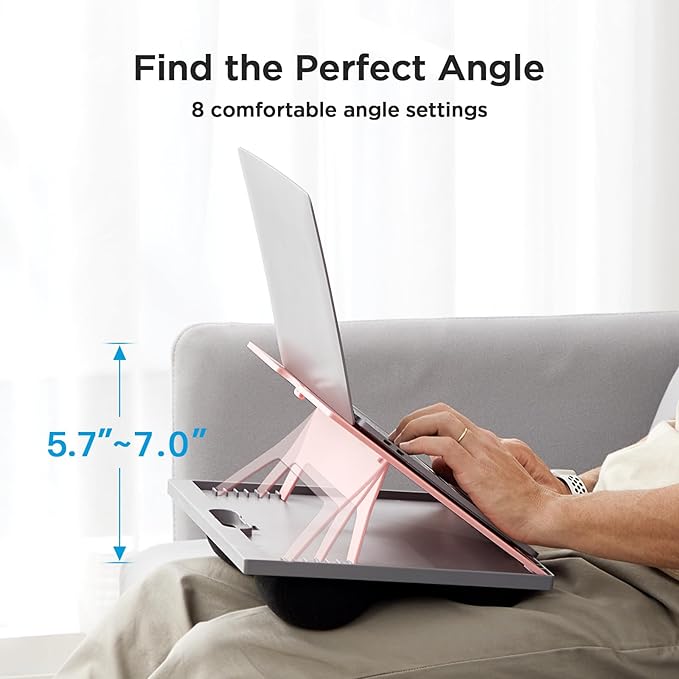 Adjustable Lap Desk - with 8 Adjustable Angles & Dual Cushions Laptop Stand for Car Laptop Desk, Work Table, Lap Writing Board & Drawing Desk on Sofa or Bed by HUANUO, Pink