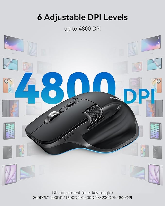 TECKNET Wireless Mouse, Bluetooth Mouse (BT5.0/5.0 & 2.4G) Rechargeable 4800 DPI Ergonomic Optical Mouse with 6 Adjustable, Quiet Clicks, USB A Receiver, 7 Buttons, Wide Compatibility - Black