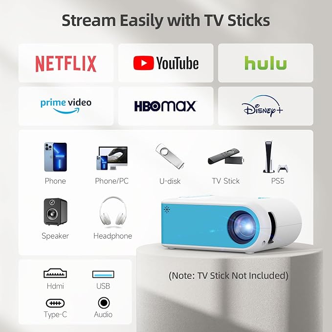 Nasin Mini Projector, 1080P Supported WiFi & Bluetooth Projector, Portable Outdoor Movie Projector, For Home Theater, Wireless Screen Mirroring with iOS/Android/Tablet/Laptop/TV Stick, HDMI/USB/Type C